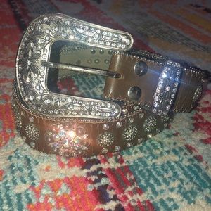Western brown leather bling belt